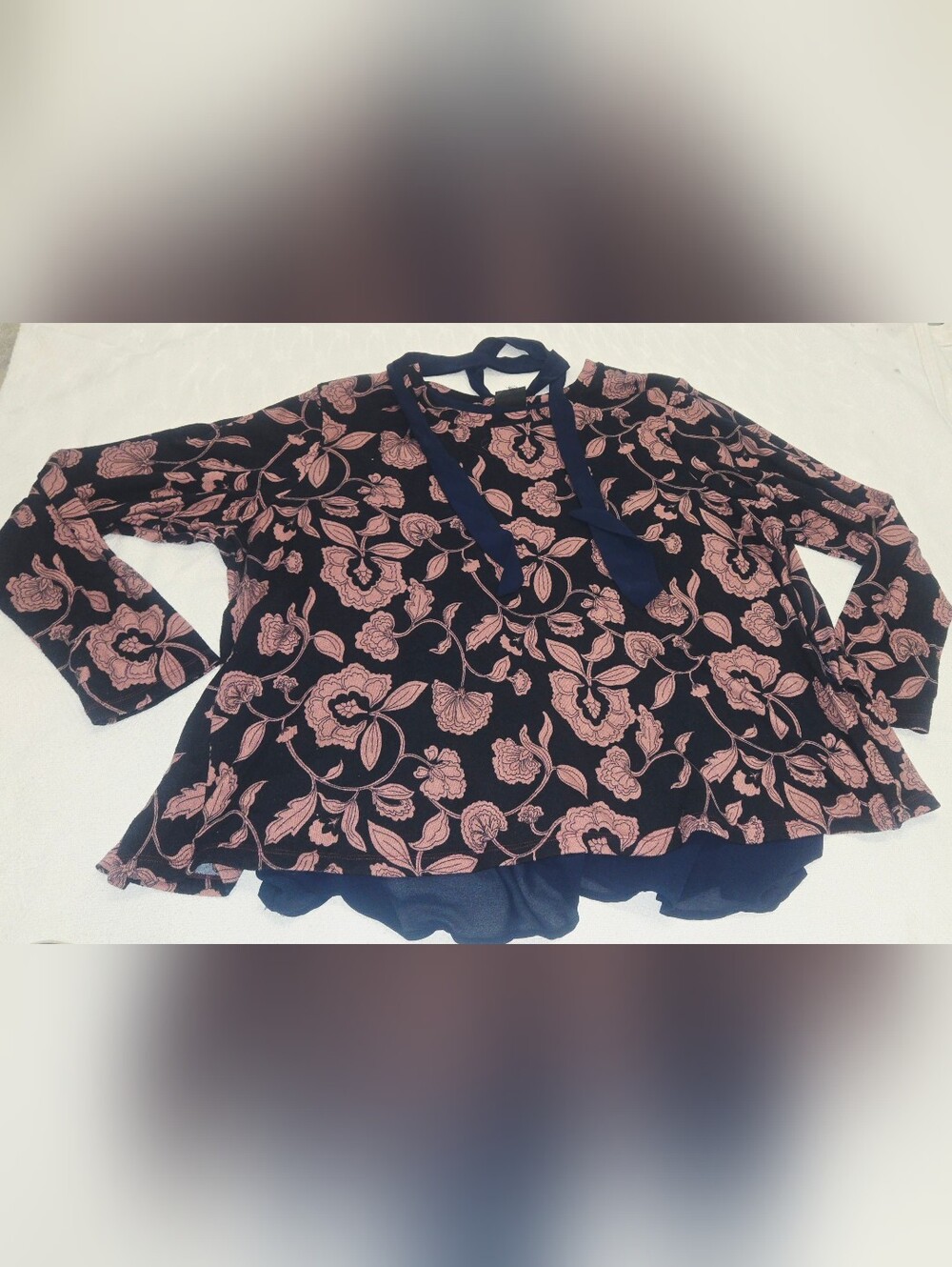 Tie-Neck Navy Blouse with Pink Floral Print